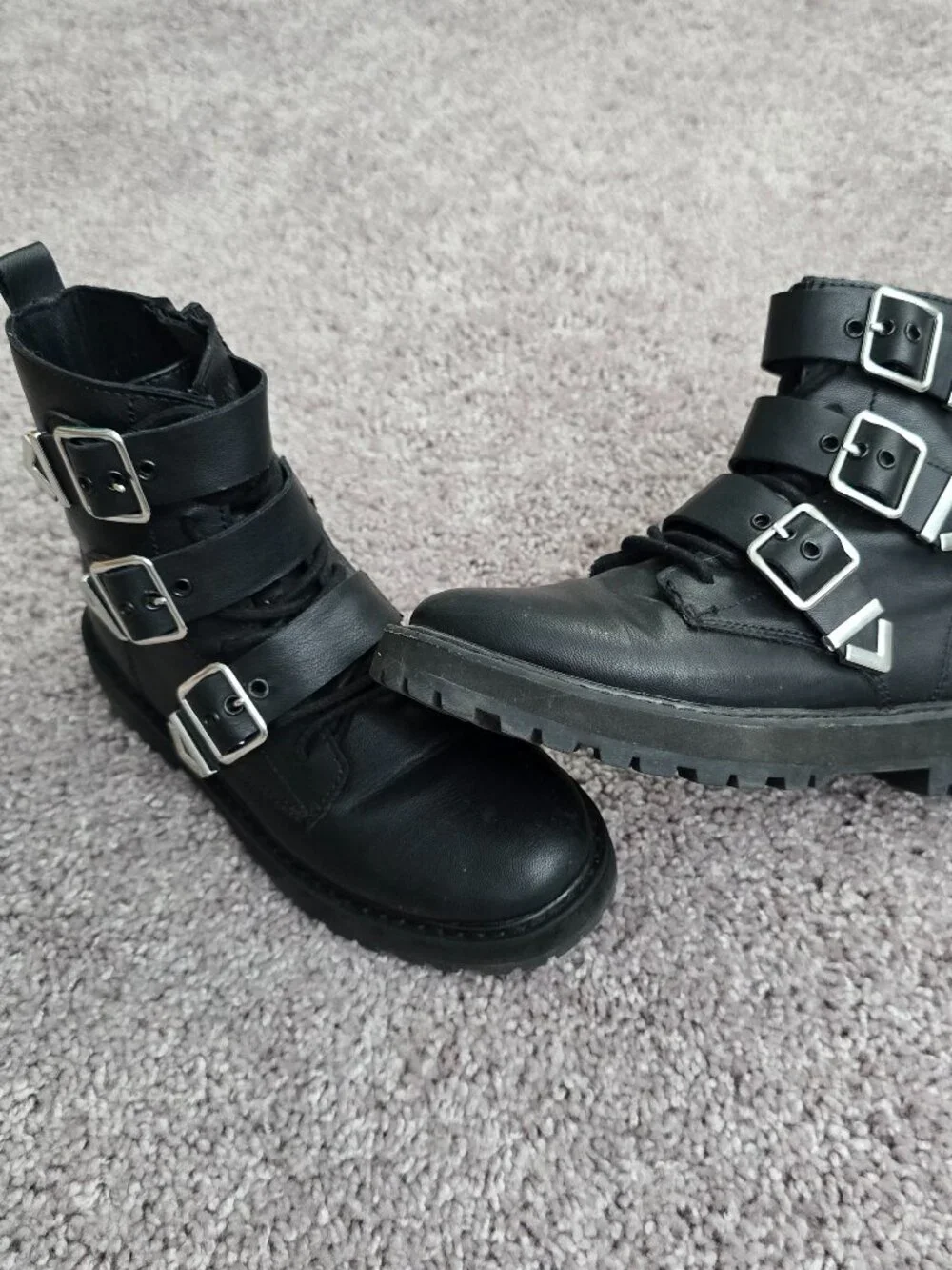 Zara Black Triple Buckle Combat Boots Faux Leather Moto Punk Goth Side Zip 34